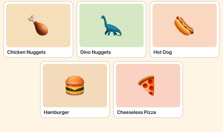 Big picture tiles for foods: chicken nuggets, dino nuggets, hot dog, hamburger, pizza