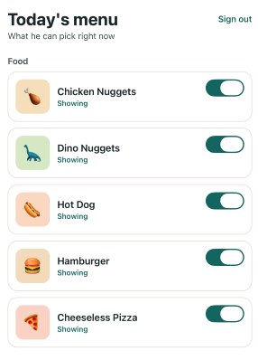 Today's menu with on and off switches